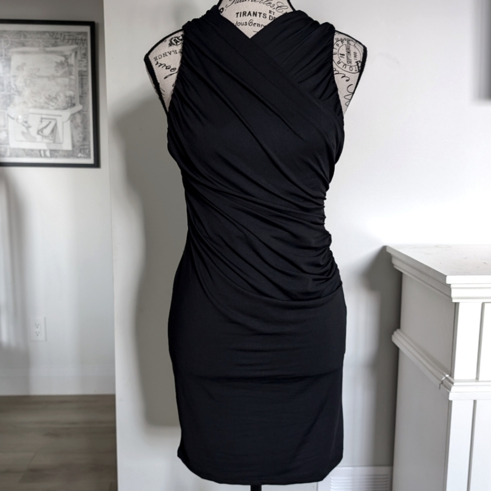 ZARA | Women's Black Faux Wrap V-Neck Ruched Stretchy Mini Cocktail Dres…
